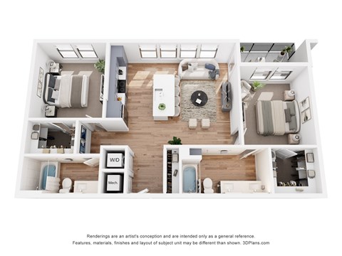 Floor plan for 2 beds, 2 baths, 1088 sqft